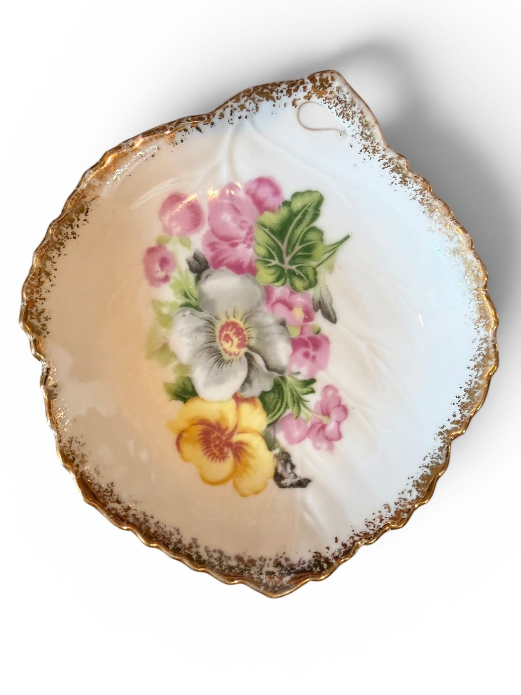 UCAGCO Japan Leaf-Shaped Porcelain Trinket Dish | Gold Gilded Wall Hanging | Circa 1953–1956