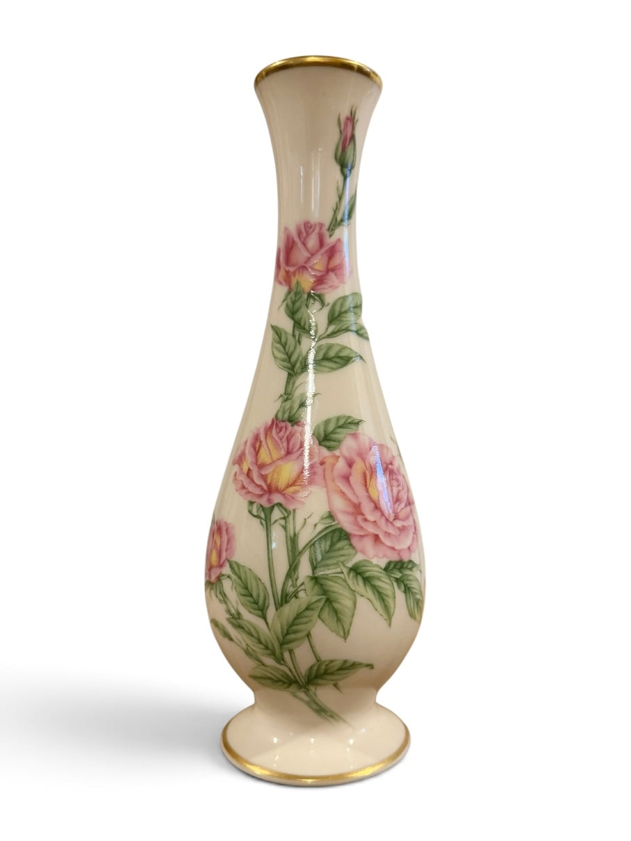Vintage Lenox 1986 Cottagecore Bud Vase – Pink Roses & 24K Gold Trim