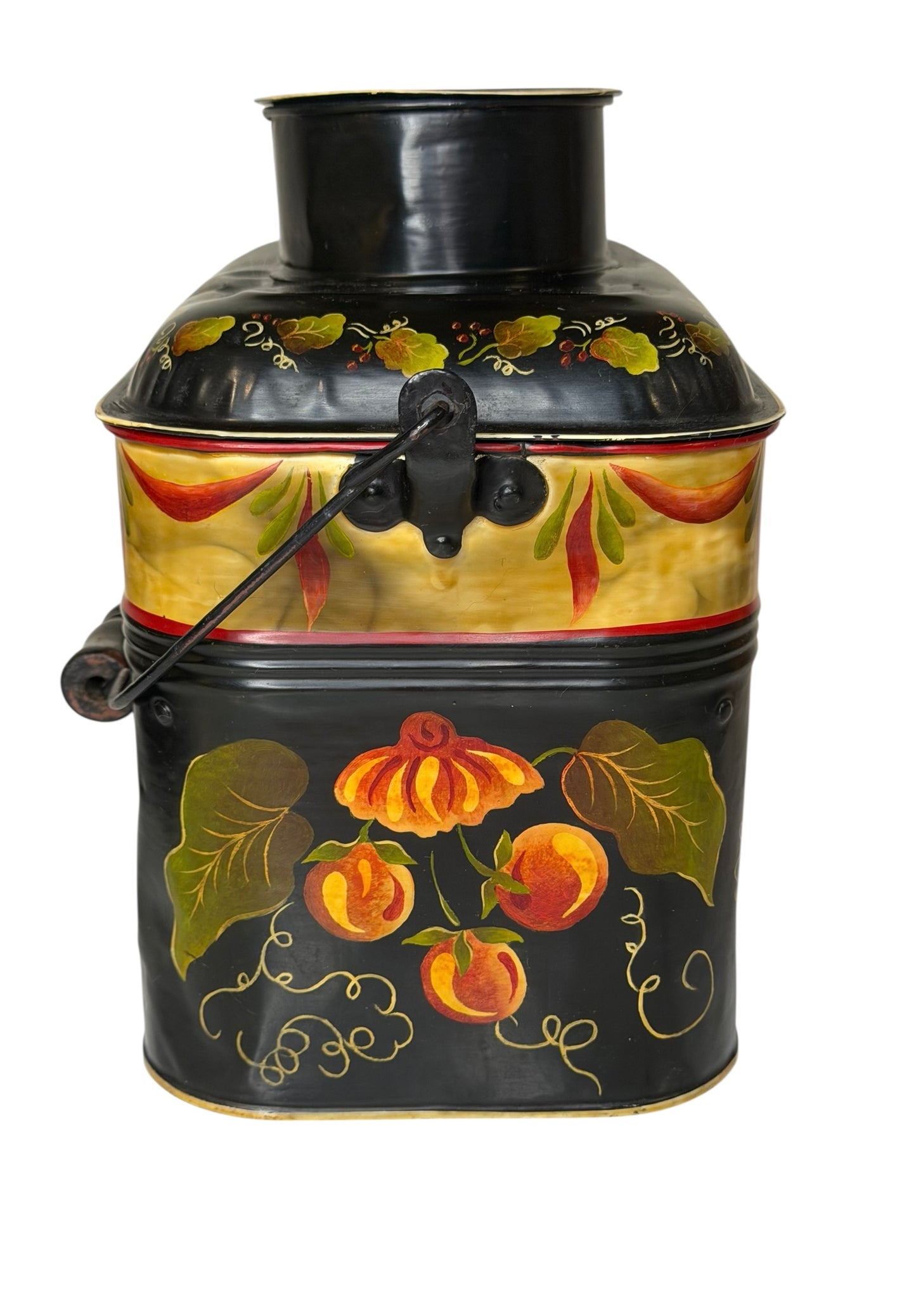 Tole-Painted Antique Metal Lunch Pail – Hand-Painted Floral Folk Art – Vintage Metal Lunch Box