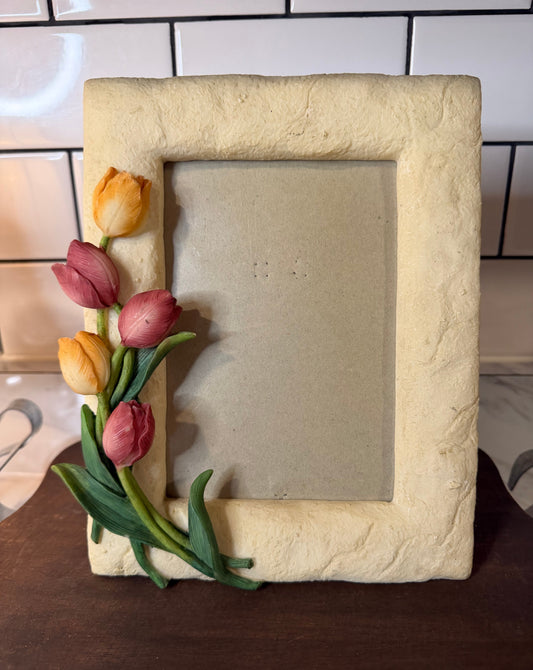 Vintage French Country Resin Photo Frame — Pink & Yellow Tulip Embellishments (Holds 5x7”)
