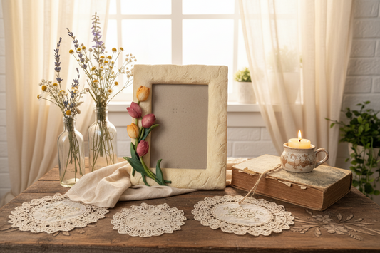 Vintage French Country Resin Photo Frame — Pink & Yellow Tulip Embellishments (Holds 5x7”)