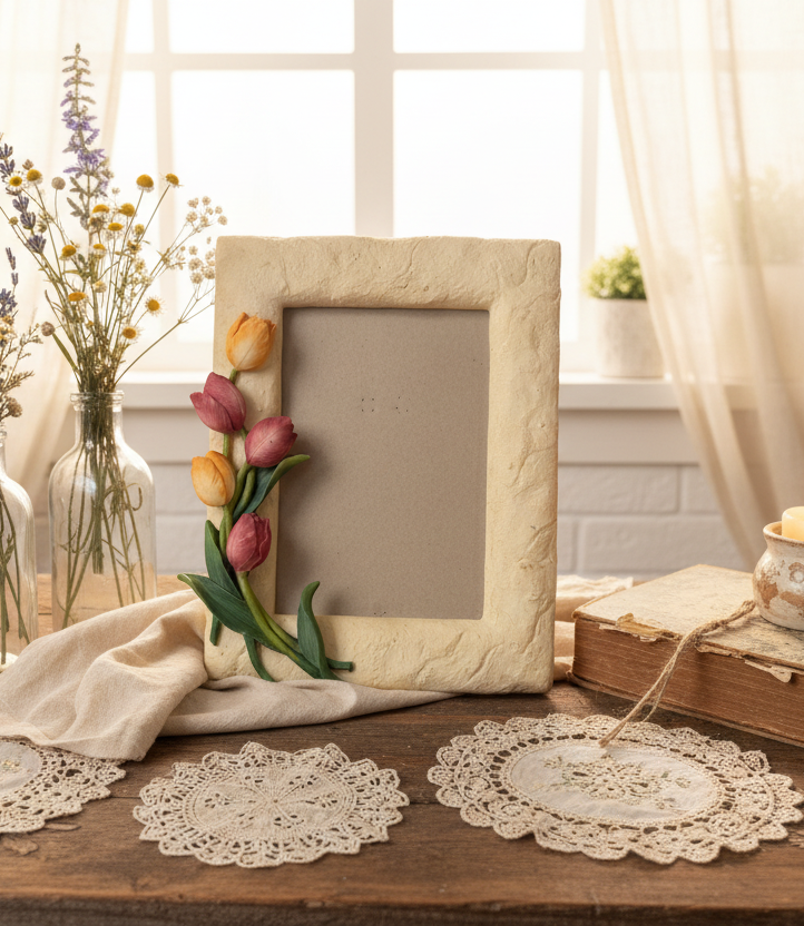 Vintage French Country Resin Photo Frame — Pink & Yellow Tulip Embellishments (Holds 5x7”)