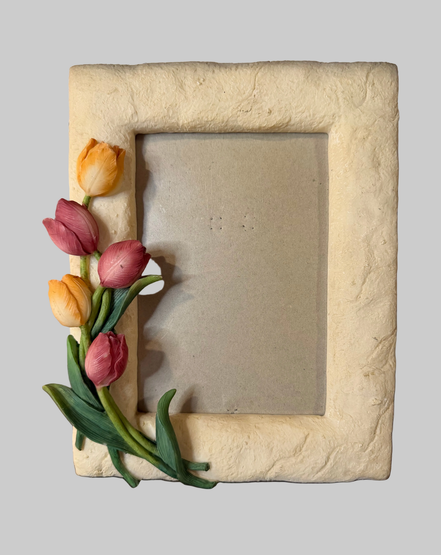 Vintage French Country Resin Photo Frame — Pink & Yellow Tulip Embellishments (Holds 5x7”)