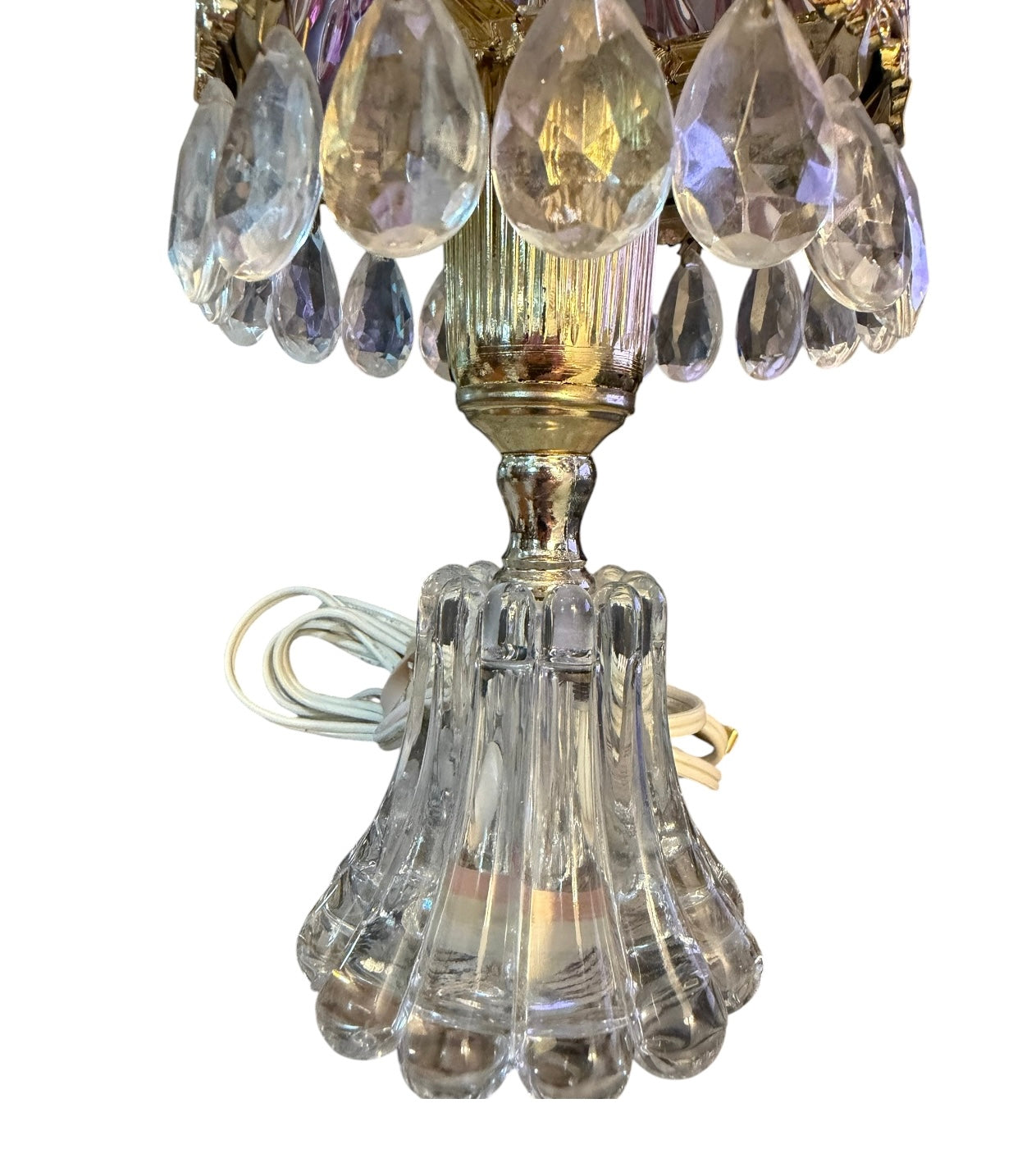 Michelotti Boudoir Vintage Lamp | Cranberry Pink Glass, Crystal Prisms, Mid-Century Holland Accent Lamp