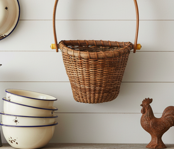Woven Wicker Gathering Vintage Basket with Wooden Handle | Nantucket-Style Storage Basket