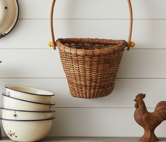 Woven Wicker Gathering Vintage Basket with Wooden Handle | Nantucket-Style Storage Basket