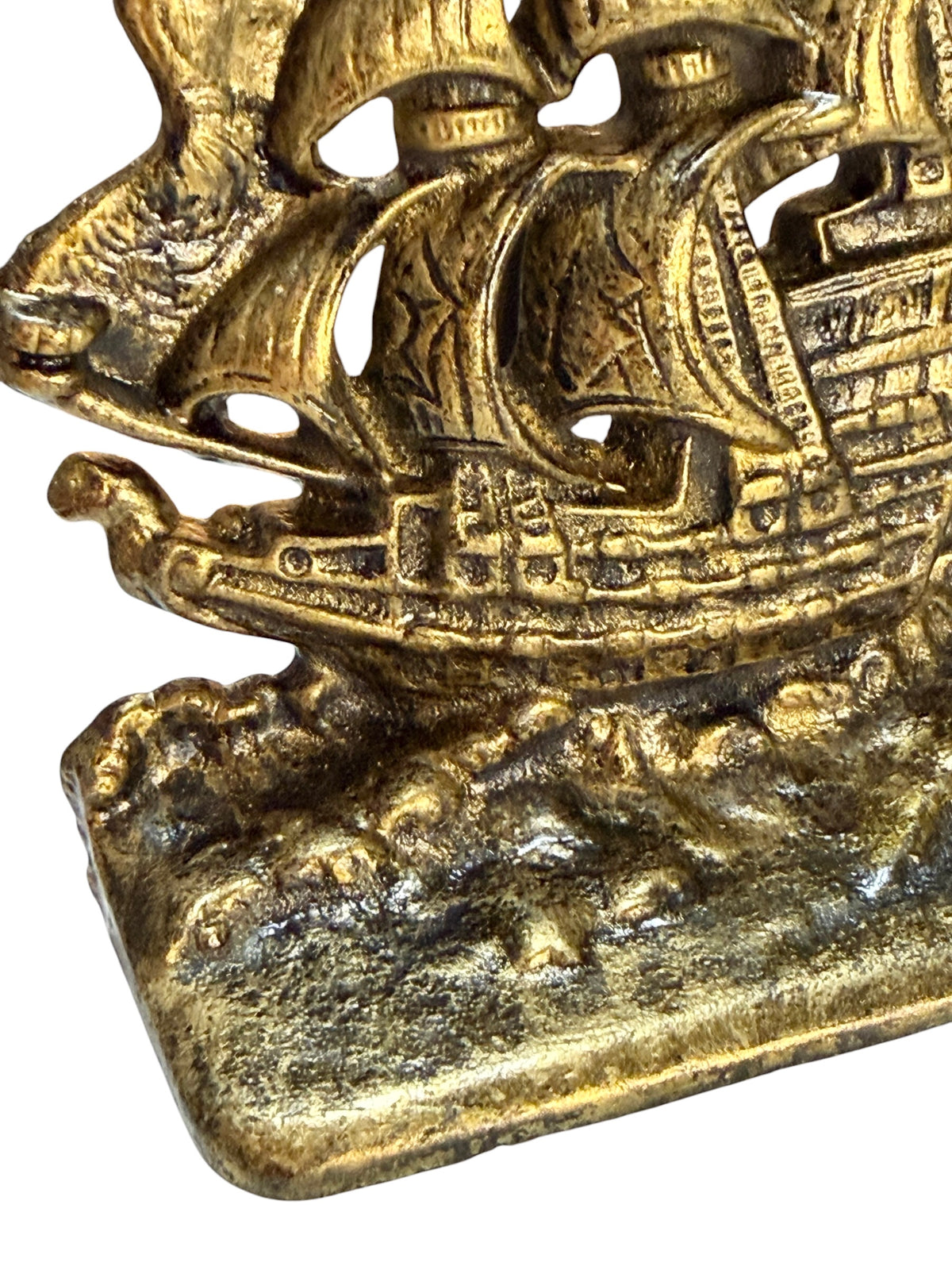 Pair - Vintage Cast Iron Sailing Ship Bookends – Brass Gold Finish – Set of 2