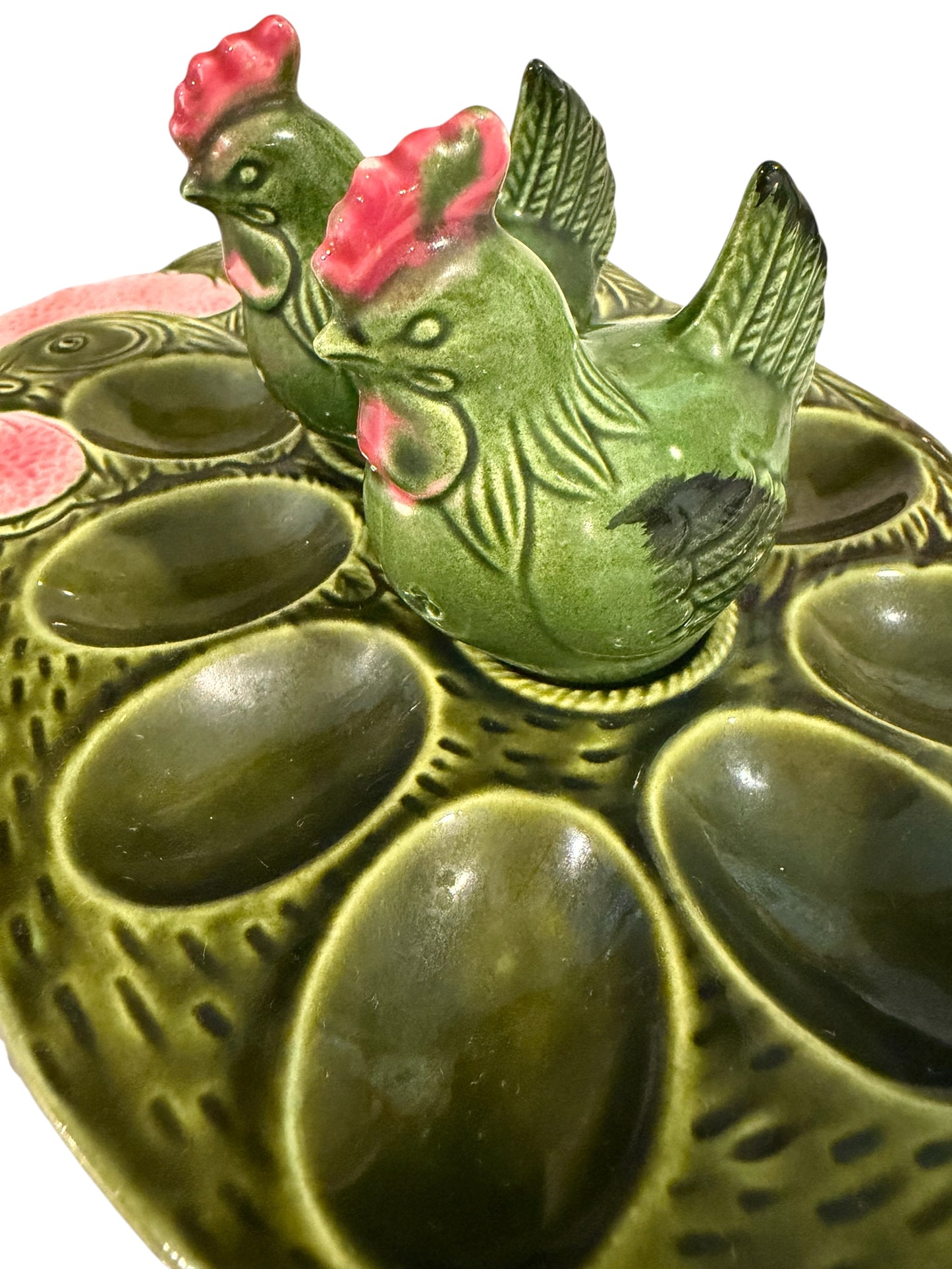 Hen Deviled Egg Plate with Salt & Pepper Shakers – Price Import Vintage Japan - Green Ceramic Farmhouse Serving Dish