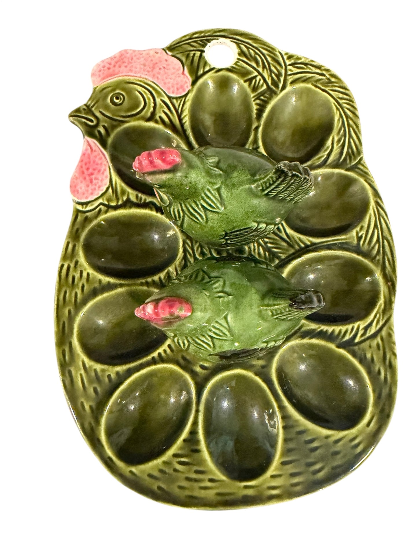 Hen Deviled Egg Plate with Salt & Pepper Shakers – Price Import Vintage Japan - Green Ceramic Farmhouse Serving Dish