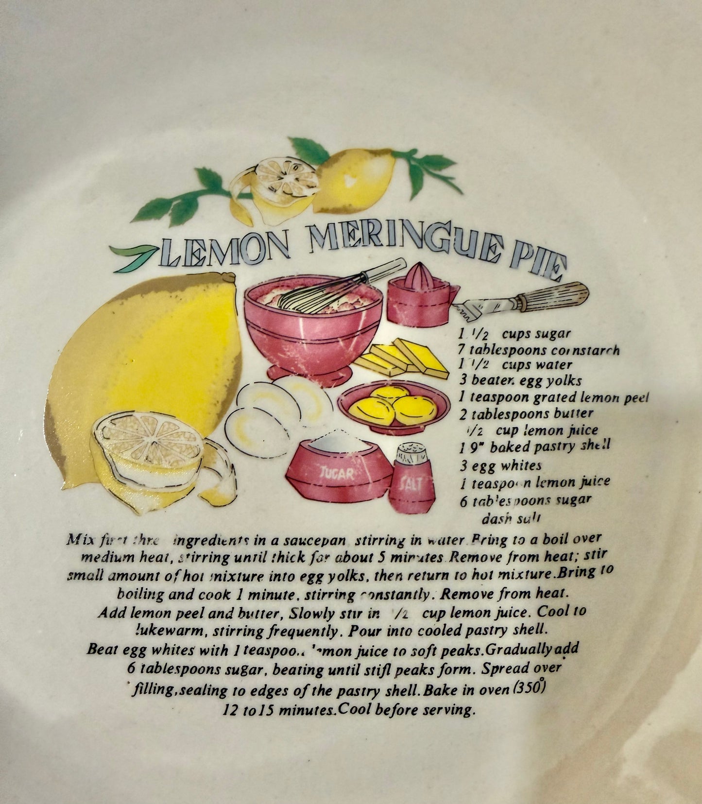 Lemon Meringue Vintage Pie Recipe Plate | Retro Ceramic Pie Dish | Cottage Kitchen Decor | Recipe Bakeware