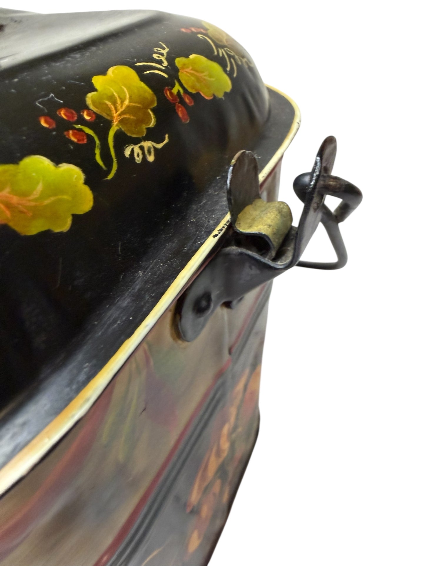 Tole-Painted Antique Metal Lunch Pail – Hand-Painted Floral Folk Art – Vintage Metal Lunch Box