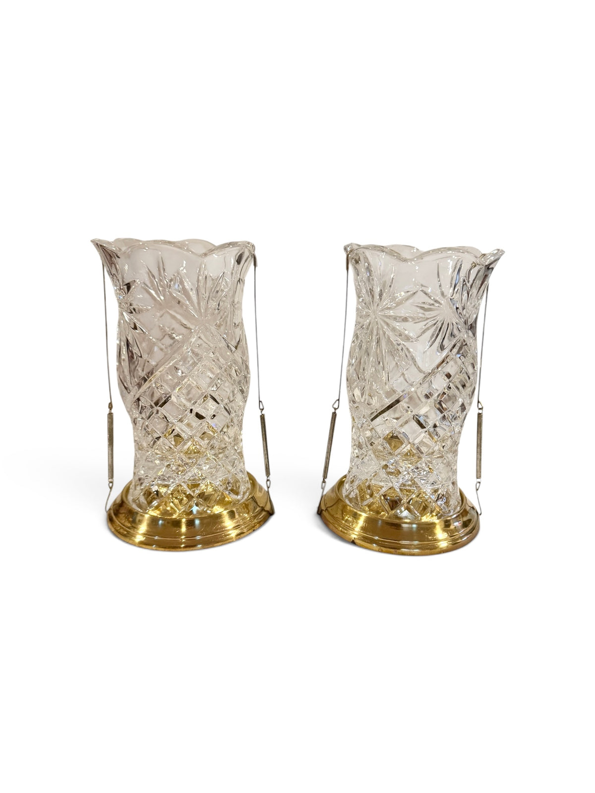 Set of 2 Vintage Cut Crystal Hurricane Candle Holders – Brass Bases & Swing Handles – Teleflora