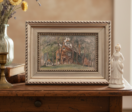 Historic Fairfax Courthouse Colored Pencil Art | Flea and Frame Curated Vintage Clipped Artwork | Ornate Silver Frame