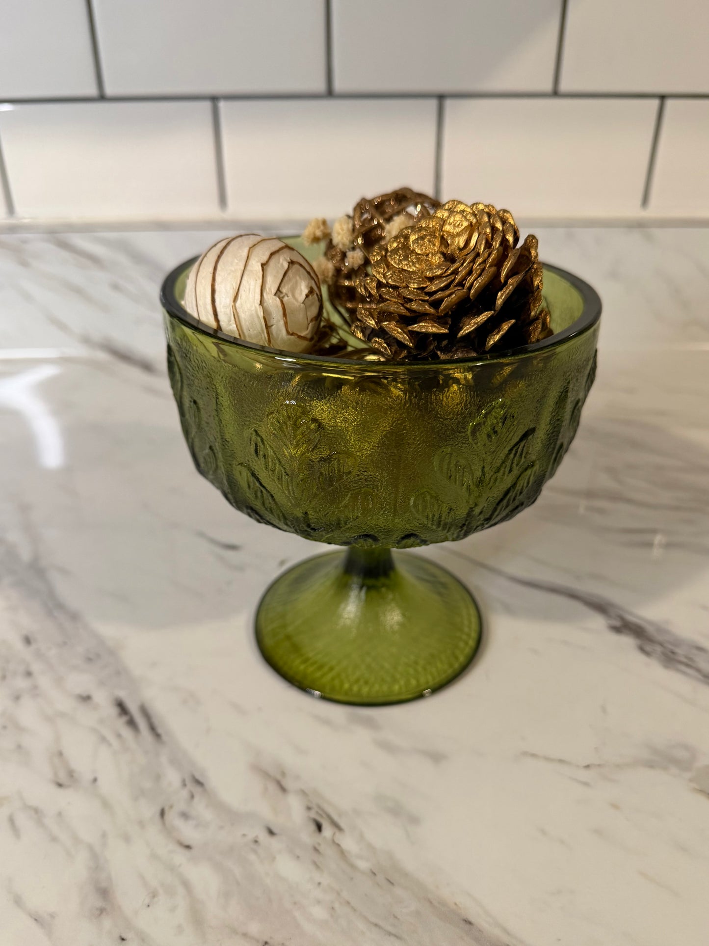 Vintage Green Glass Pedestal Bowl - FTD Hocking Glass