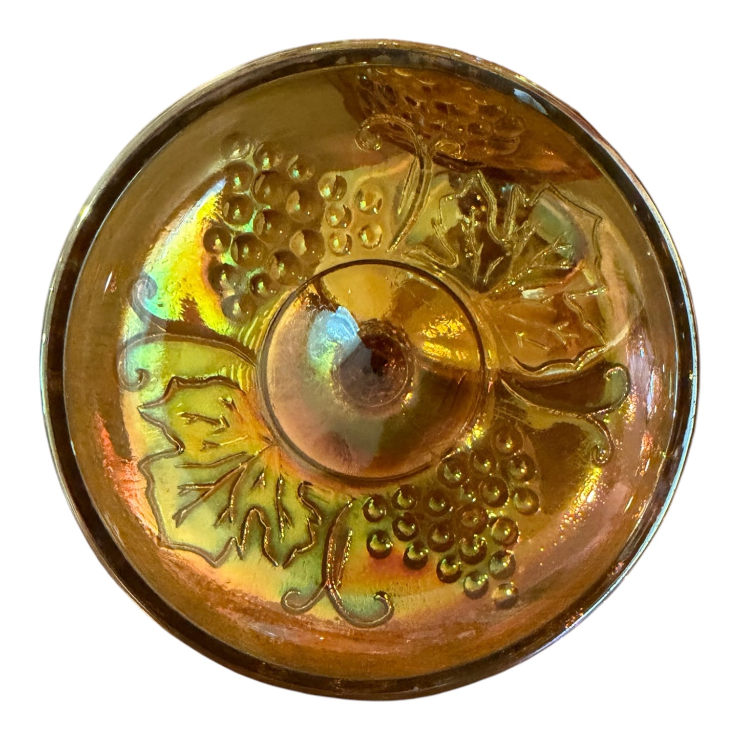 Indiana Glass Vintage Harvest Grape Carnival Glass Candy Dish with Lid – Marigold Iridescent Pedestal Bowl