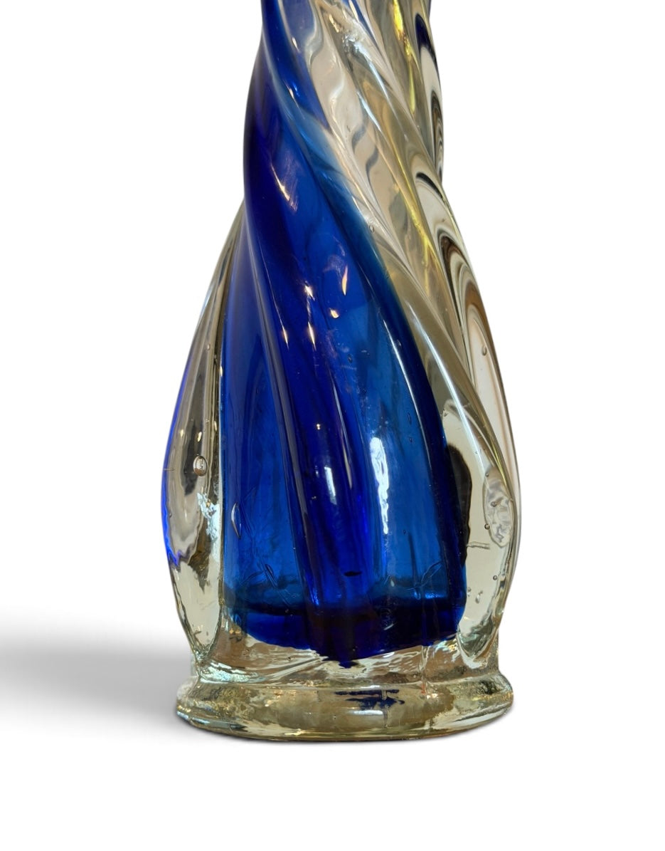 Murano Style Art Vintage Glass Finger Swung Bud Vase | Cobalt Blue Twisted Ribbon Spiral | 9”