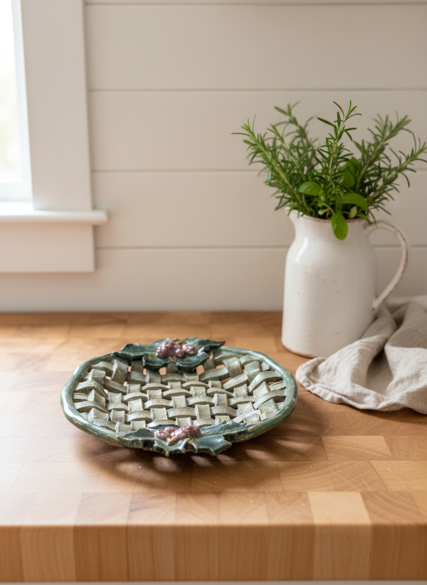 Handmade Rustic Woven Pottery Basket Bowl – Grape & Vine Design