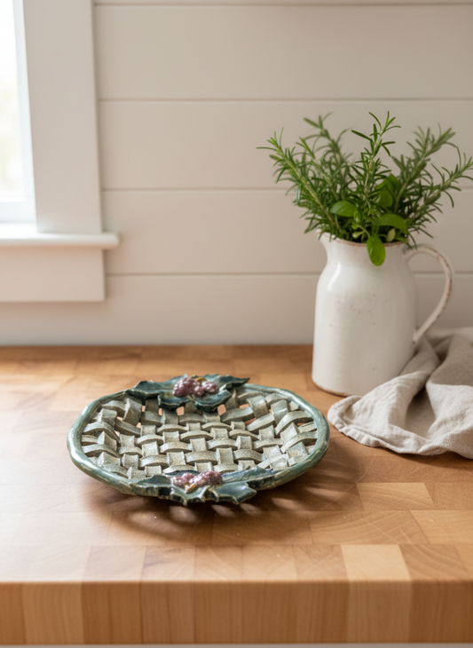Handmade Rustic Woven Pottery Basket Bowl – Grape & Vine Design