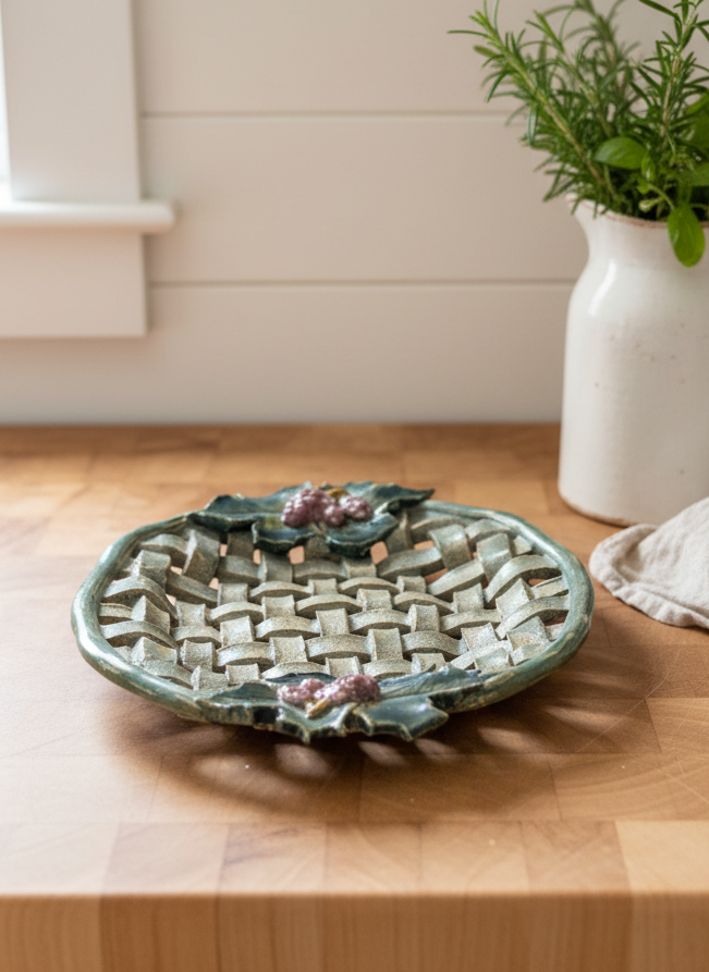 Handmade Rustic Woven Pottery Basket Bowl – Grape & Vine Design