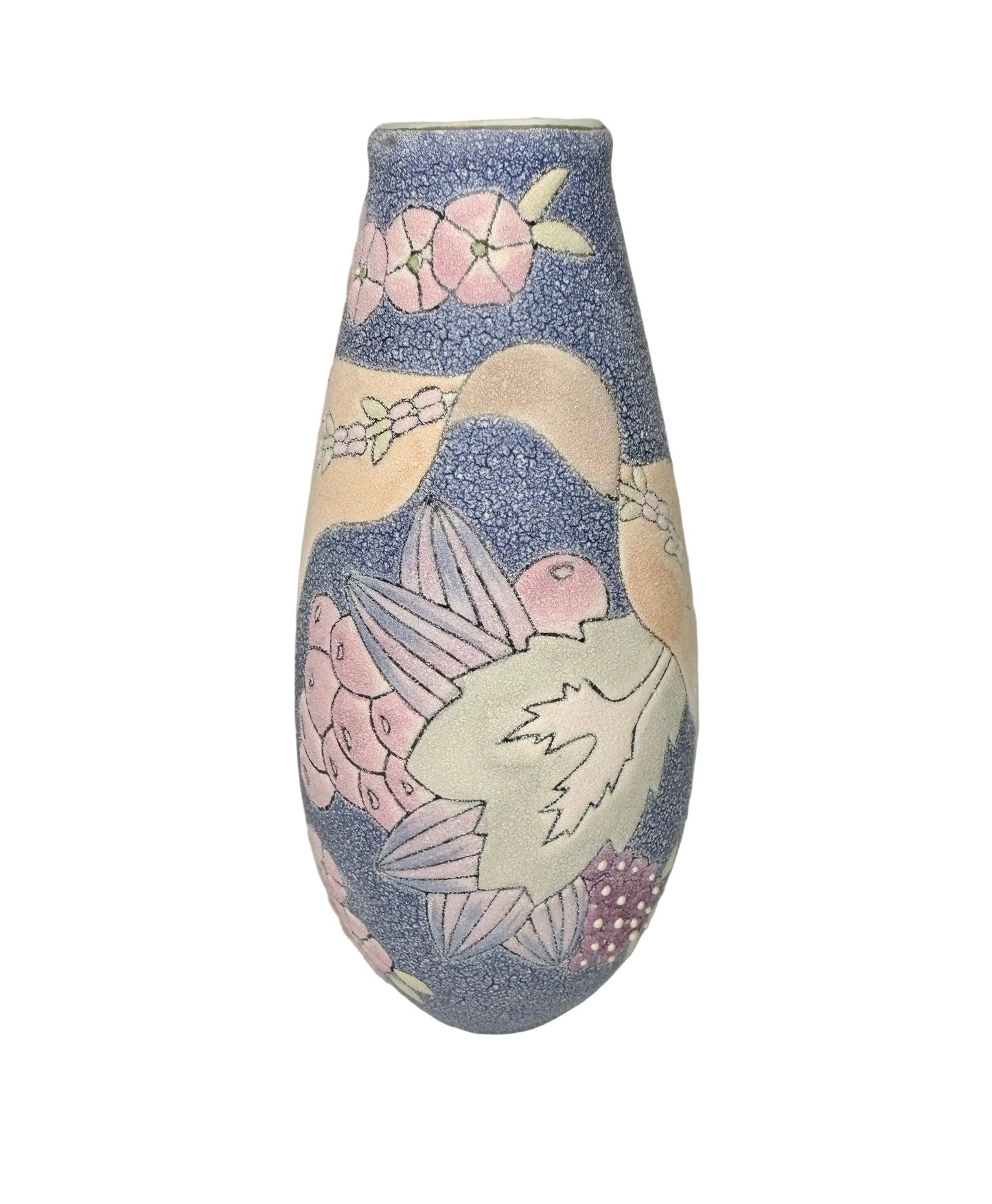 Vintage High-Relief Ceramic Vase – Hand-Painted Floral & Fruit Design