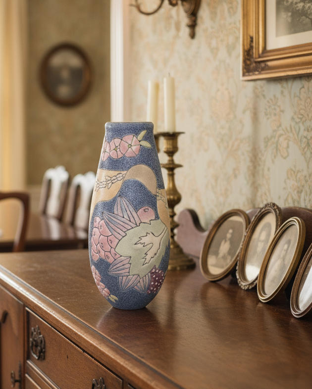 Vintage High-Relief Ceramic Vase – Hand-Painted Floral & Fruit Design