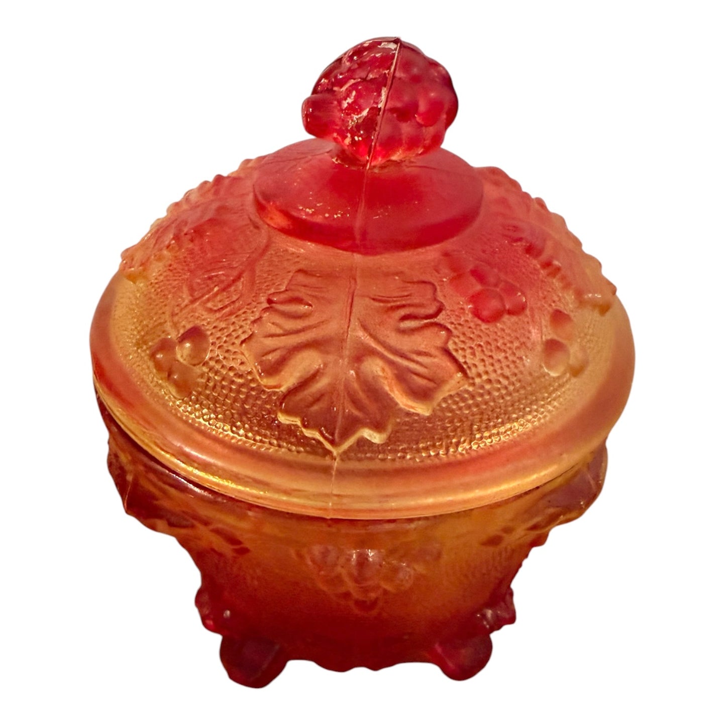 Jeannette Glass Amberina Grape & Vine Vintage Covered Candy Dish | Footed Glass Compote