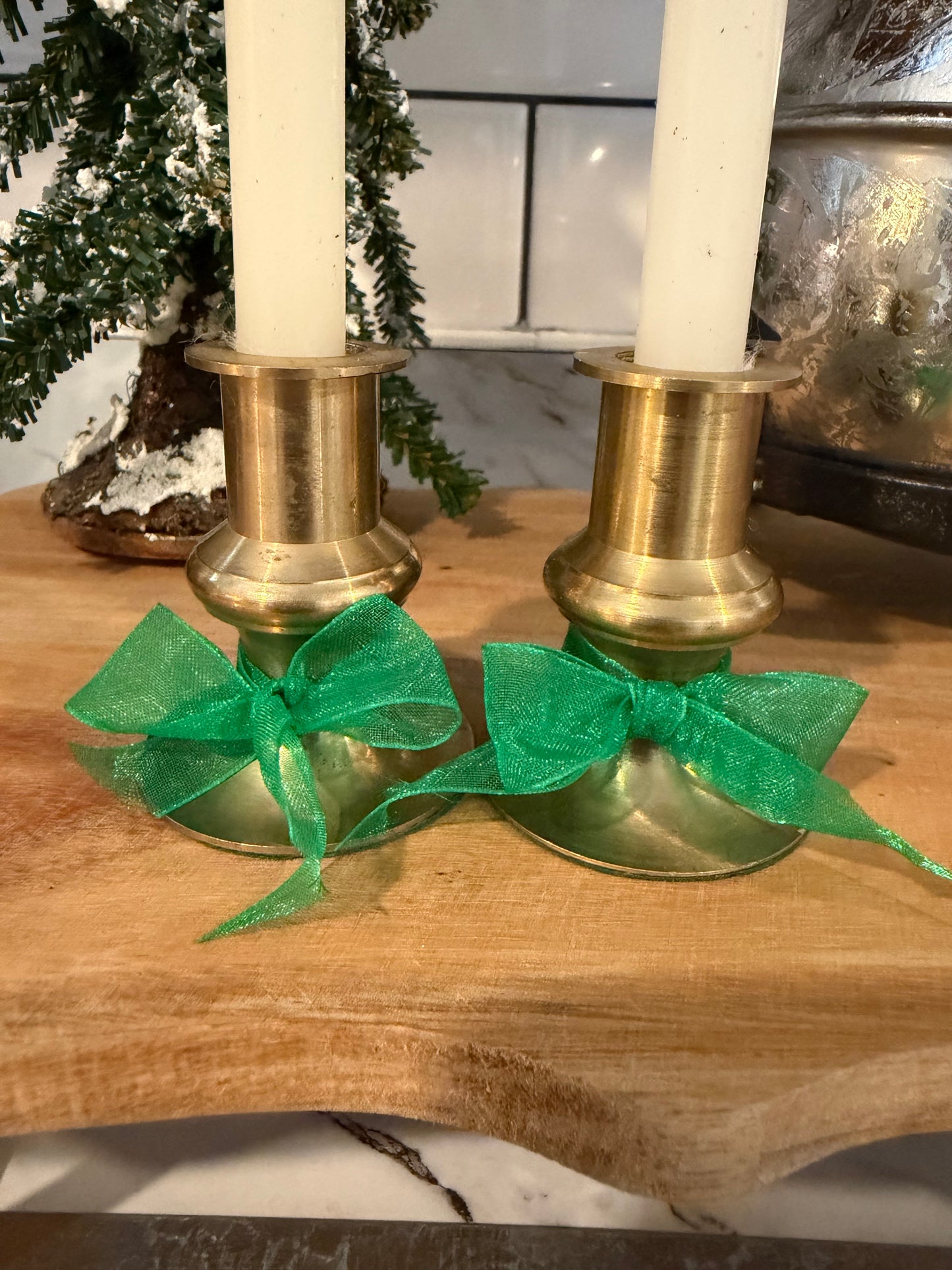 Vintage Brass Candle Holders with Green Bow & Candles Included - Candlesticks Repurposed