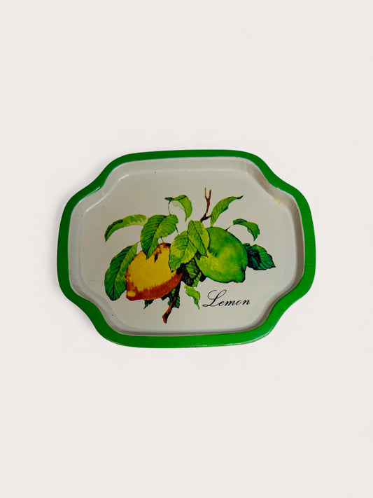 Vintage Japanese Tin Trinket Tray – Lemon & Lime Botanical Illustration – 7.5” x 6”