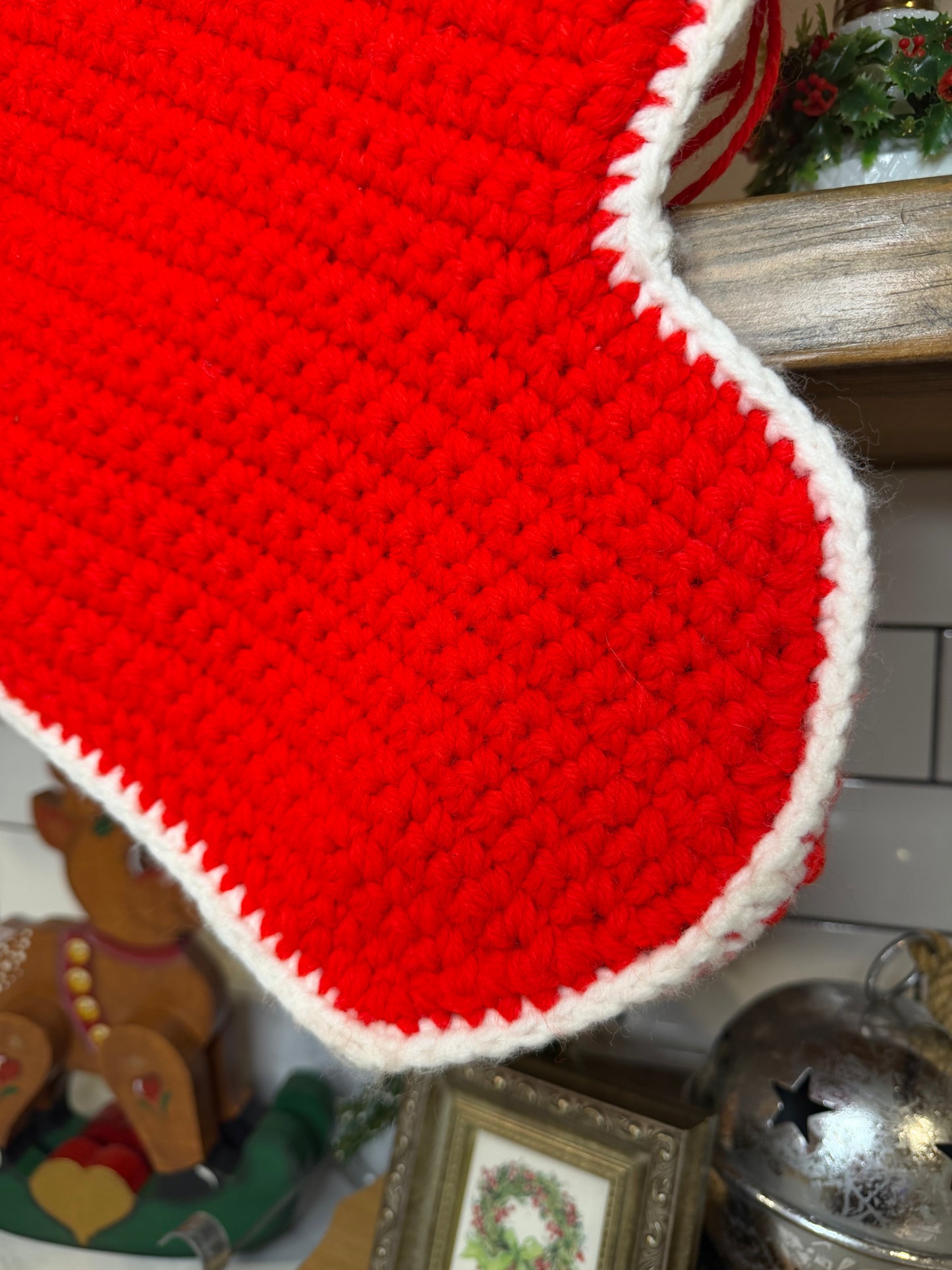 Vintage Hand-Crocheted Christmas Stocking – Red with White Trim, 19”