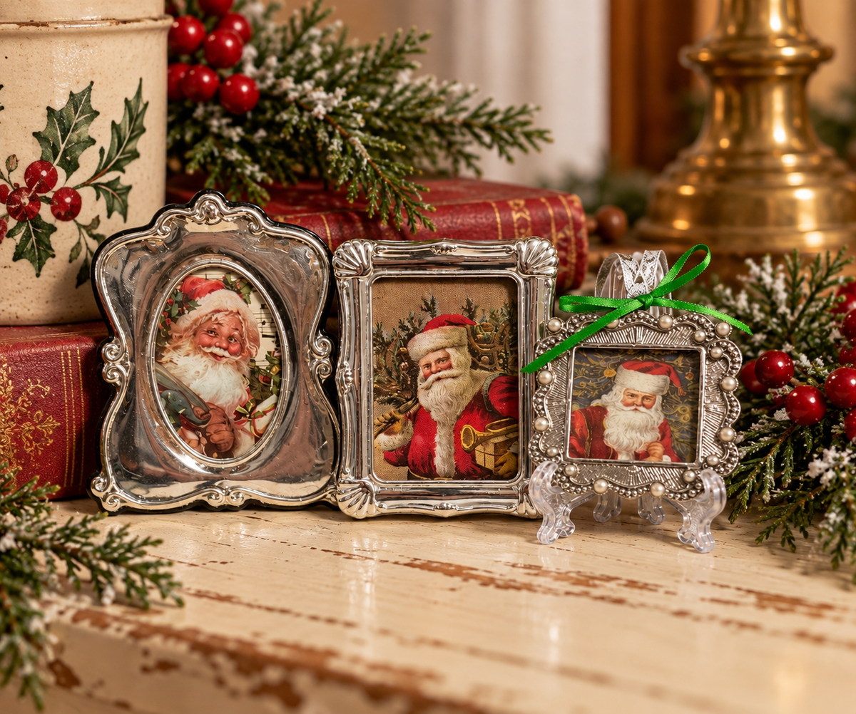 Vintage-Inspired Santa Christmas Vignette – Set of 3 Miniature Framed Prints | Flea & Frame Creations