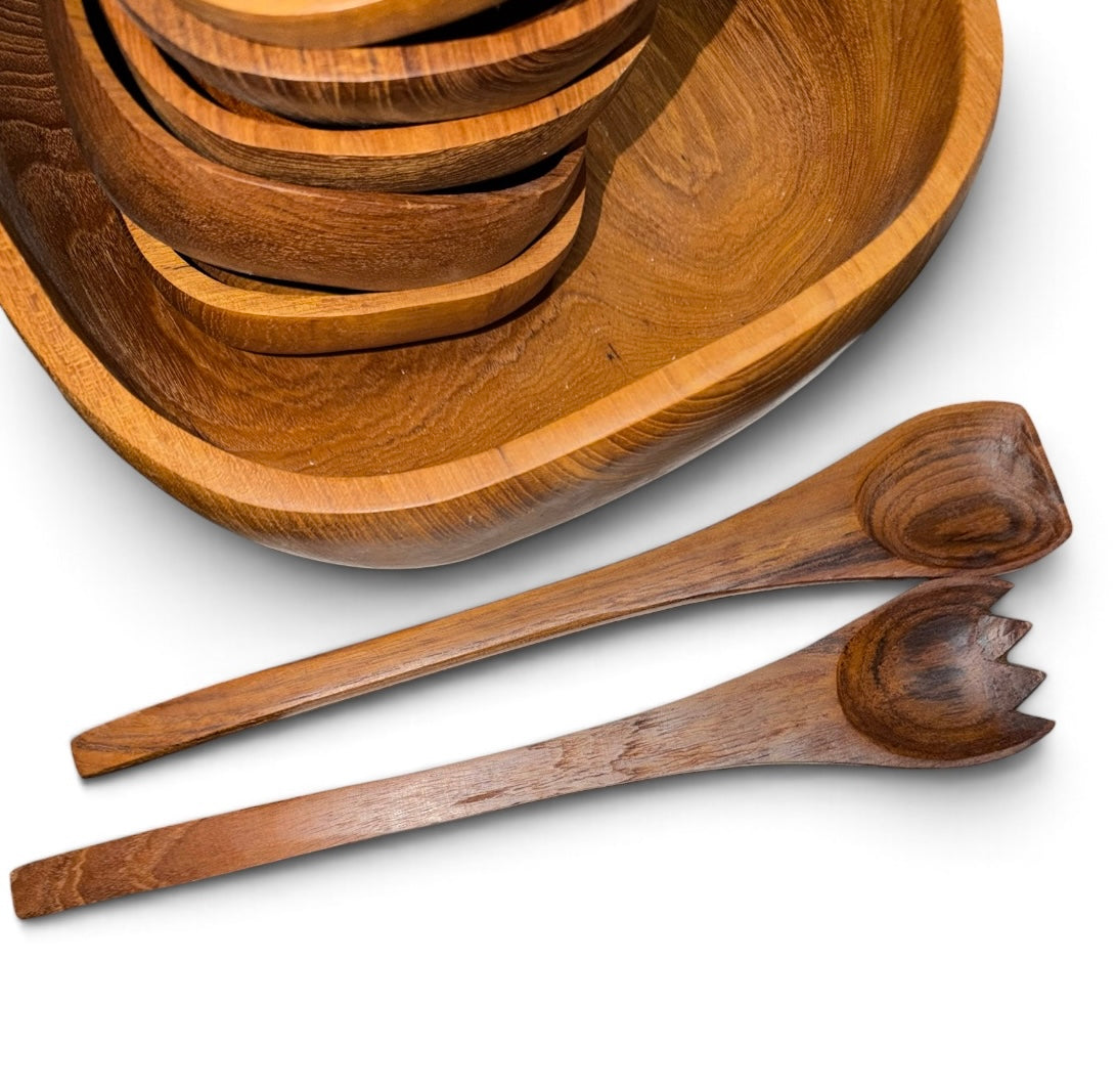 Mid-Century Vintage Goodwood Genuine Teak Salad Bowl Set - 9 Piece Handcrafted Set (Thailand)