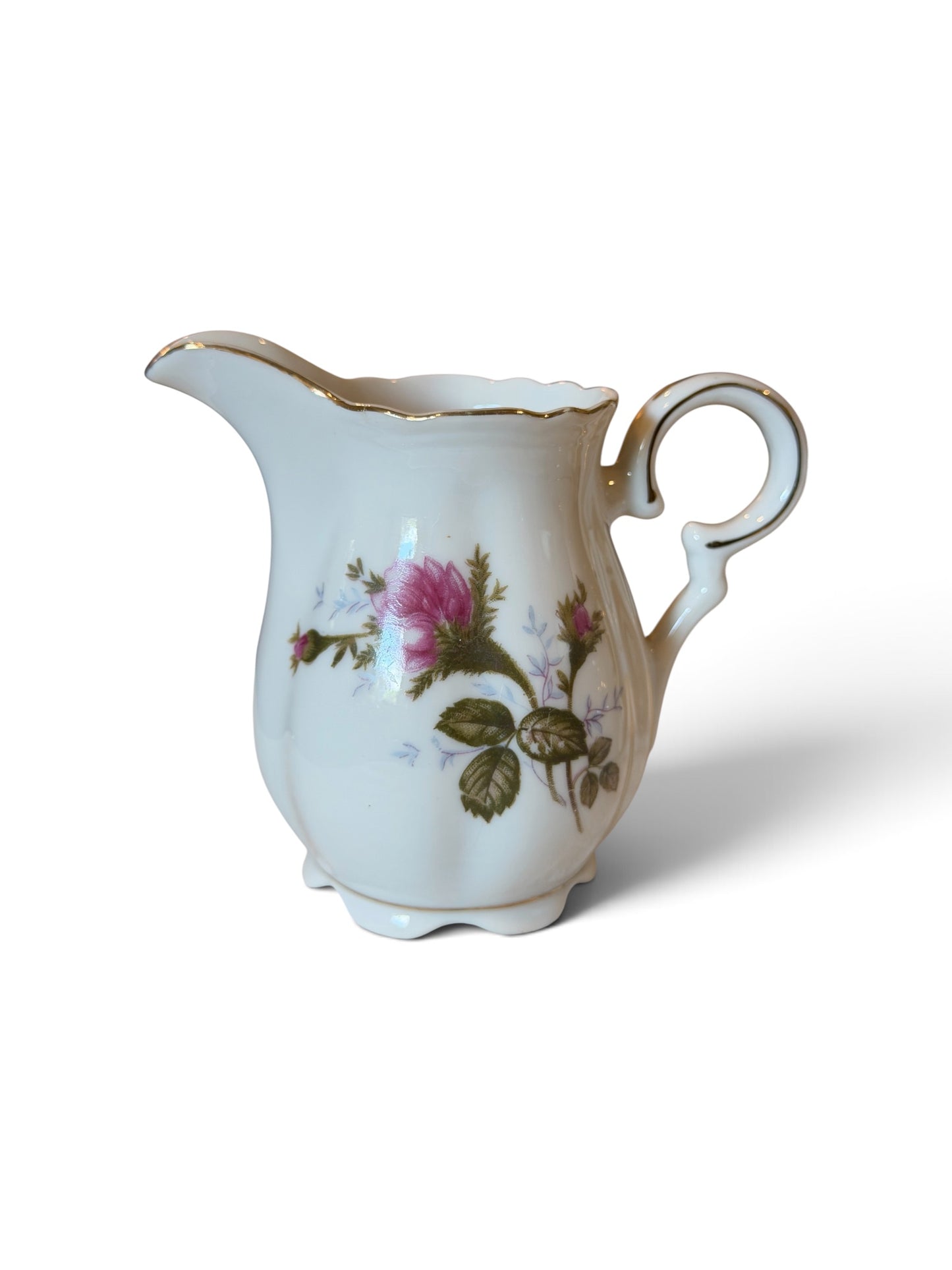 Moss Rose Vintage Porcelain Creamer & Lidded Sugar Bowl Set | Pink Roses Gold Trim
