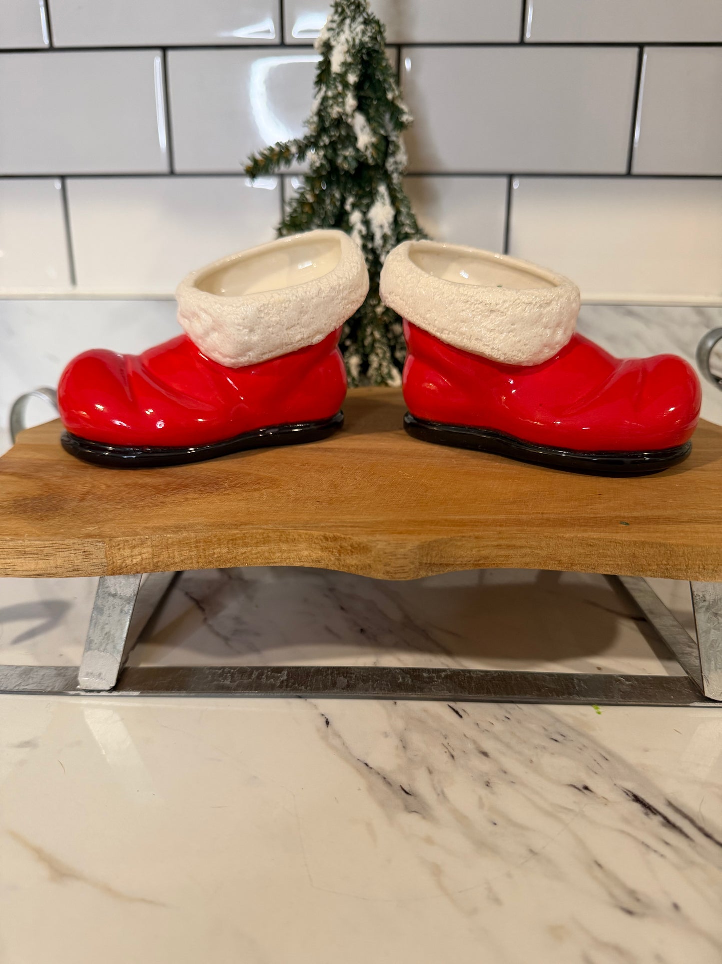 Vintage Santa Boot Candle Holders — Pair — Red with White Trim & Black Soles