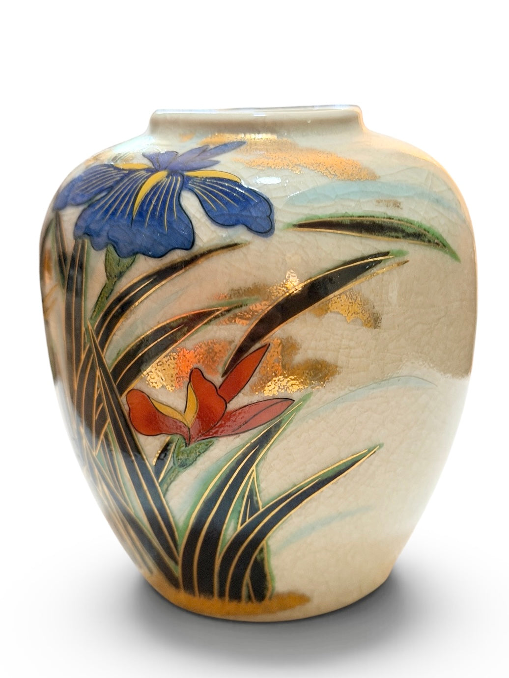 Toyo Japanese Vintage Porcelain Kingfisher & Iris Vase – Crackle Glaze with Gold Accents - 4.5”