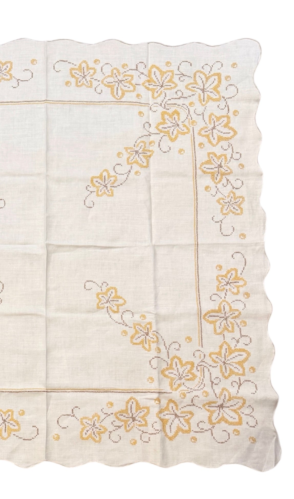 Square Off White Linen Table Topper – Yellow & Brown Cross-Stitch Floral Embroidery – 48”