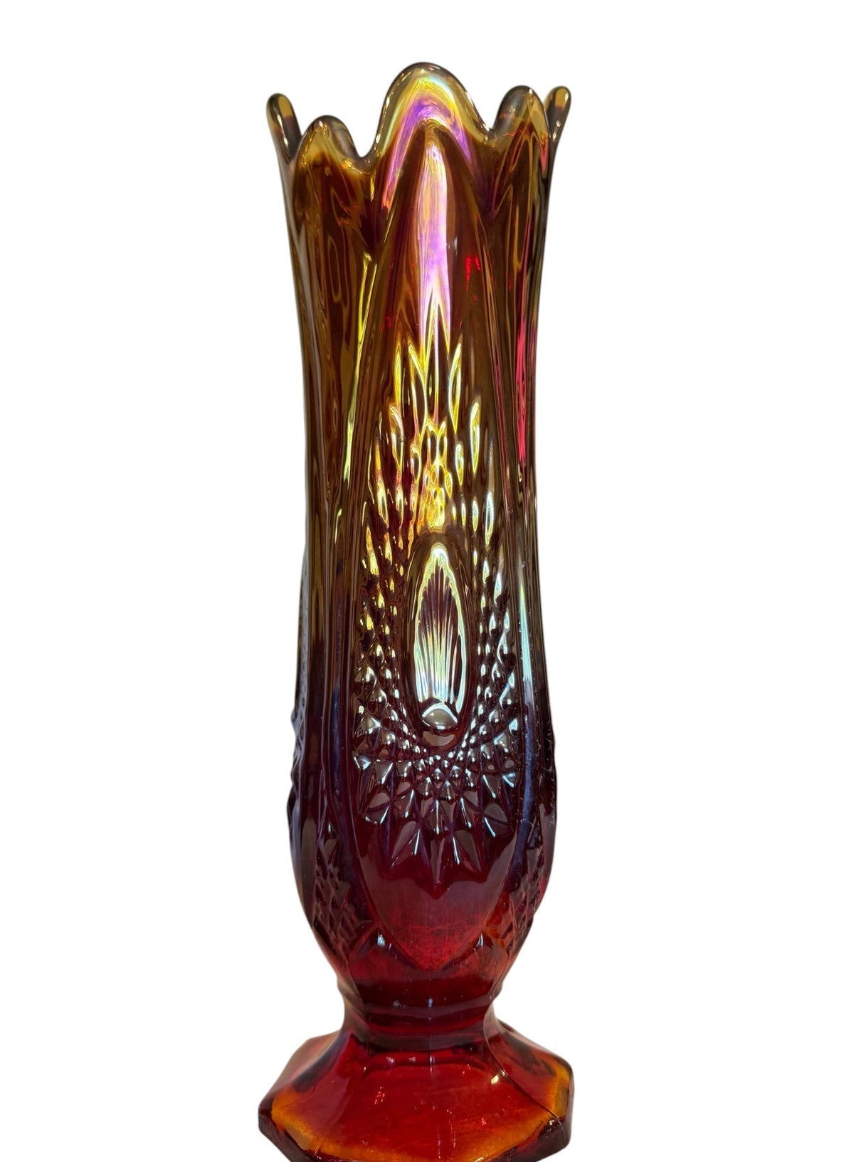 Indiana Glass Vintage Sunburst Amberina Swung Vase – 11” Red & Amber Glass