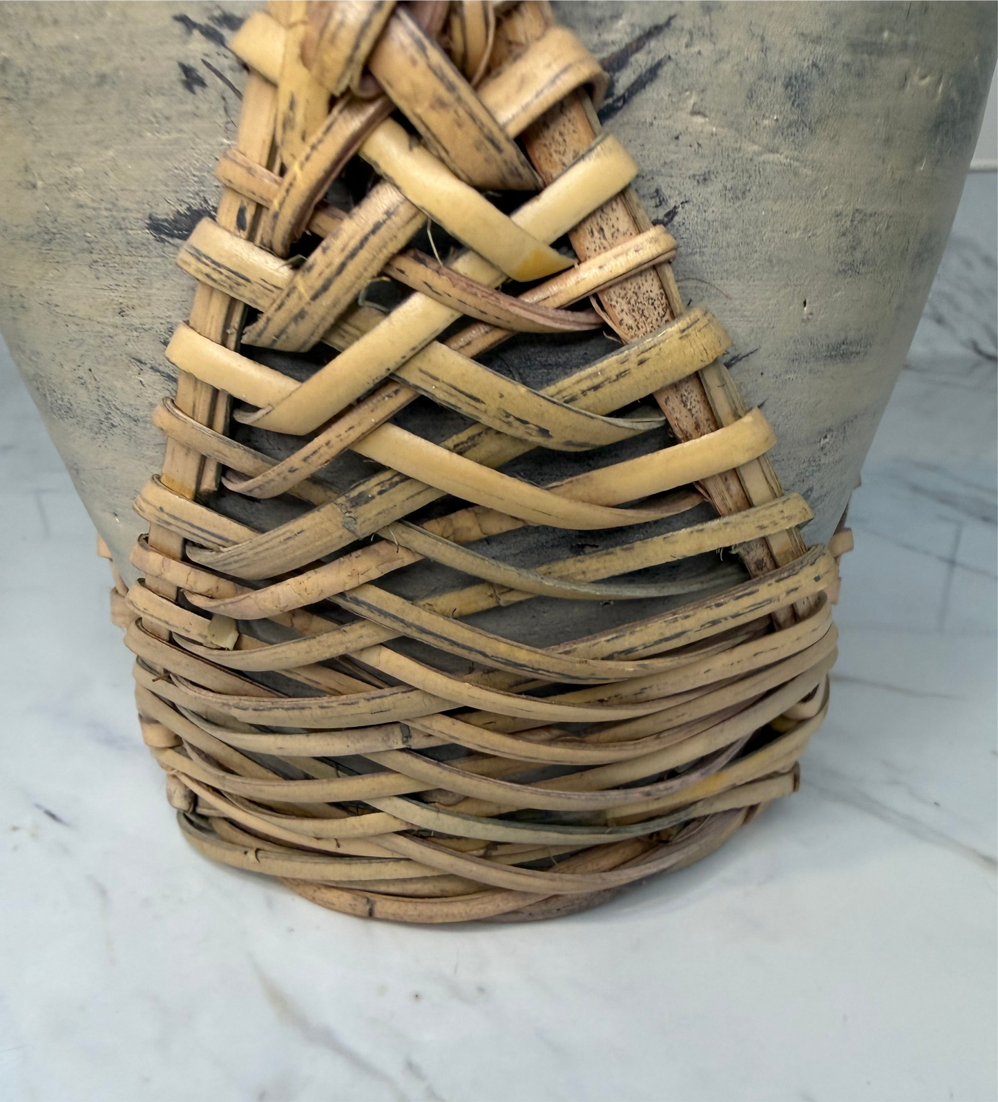 Rustic Pottery Vase with Woven Rattan Handle – Boho Farmhouse Decor