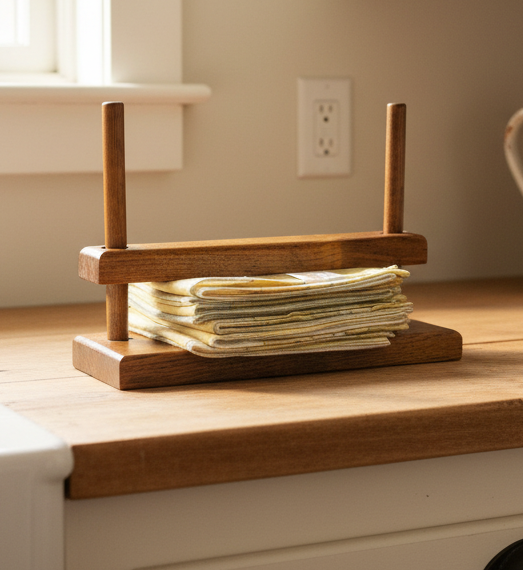 Vintage Solid Wood Napkin Holder with Cloth Napkins - Napkin Press / Napkin Dispenser