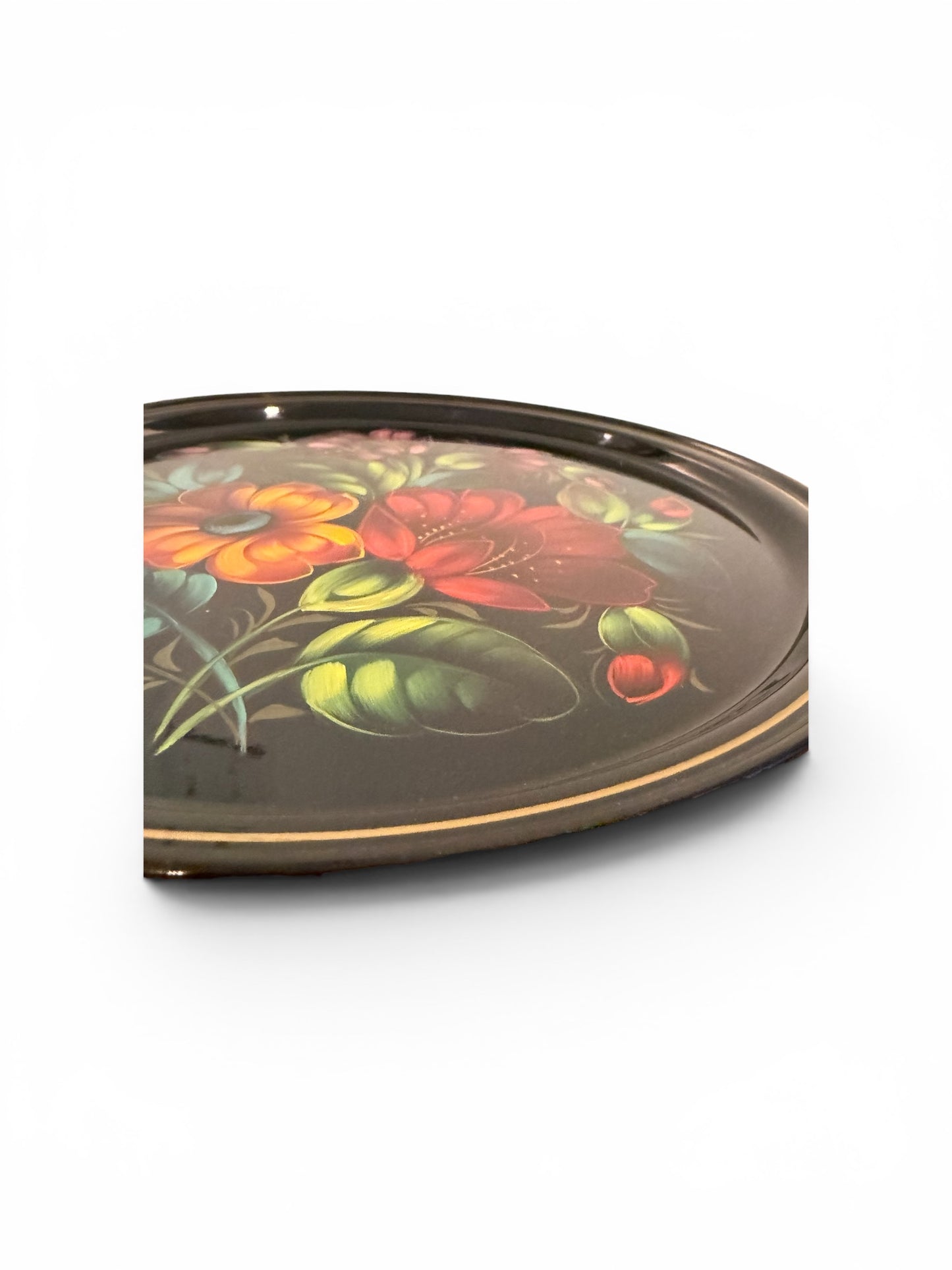 Soviet-Era Vintage Hand-Painted Floral Metal Tray | Made in USSR | Russian Folk Art | 11.5”