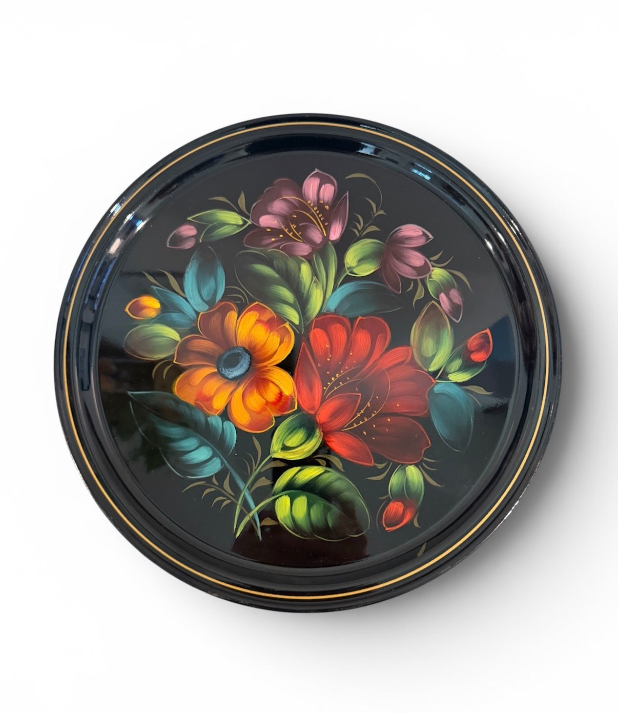 Soviet-Era Vintage Hand-Painted Floral Metal Tray | Made in USSR | Russian Folk Art | 11.5”