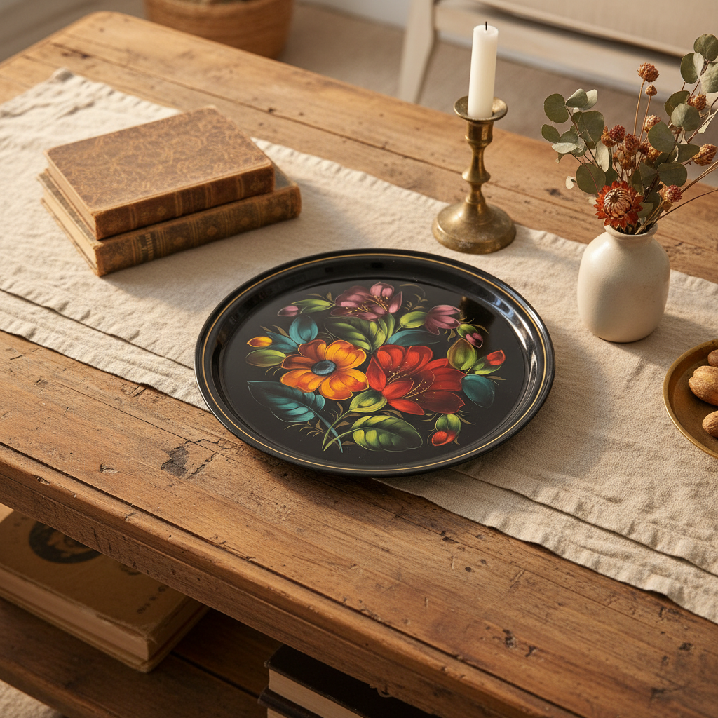 Soviet-Era Vintage Hand-Painted Floral Metal Tray | Made in USSR | Russian Folk Art | 11.5”