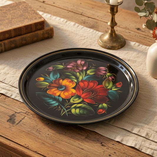 Soviet-Era Vintage Hand-Painted Floral Metal Tray | Made in USSR | Russian Folk Art | 11.5”