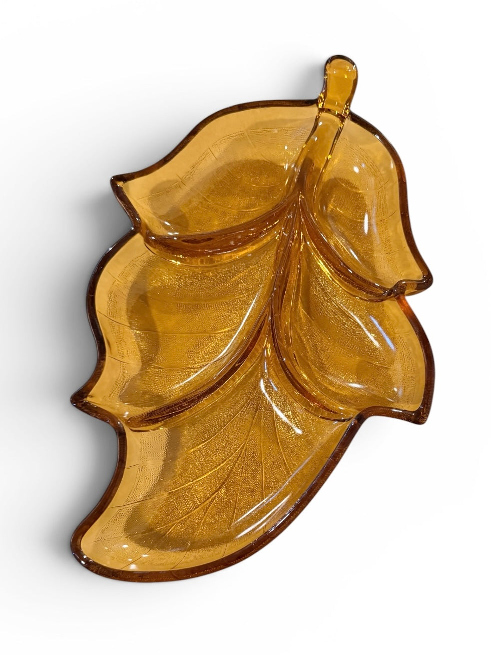 Viking Glass Vintage Divided Leaf Tray | Golden Amber Mid-Century Modern Serving Dish