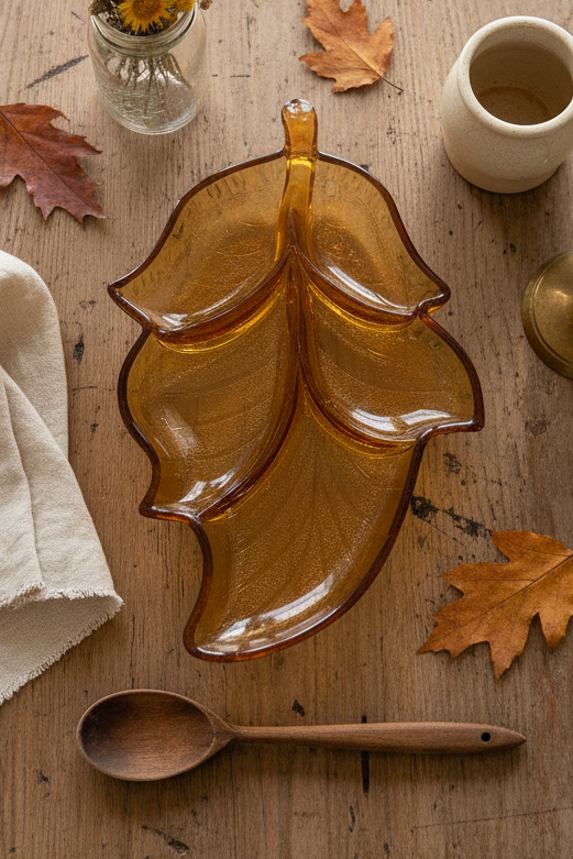 Viking Glass Vintage Divided Leaf Tray | Golden Amber Mid-Century Modern Serving Dish