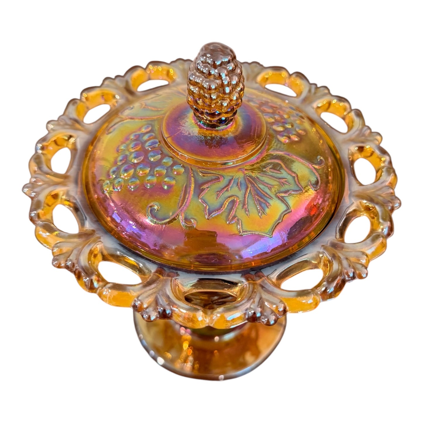 Indiana Glass Vintage Harvest Grape Carnival Glass Candy Dish with Lid – Marigold Iridescent Pedestal Bowl
