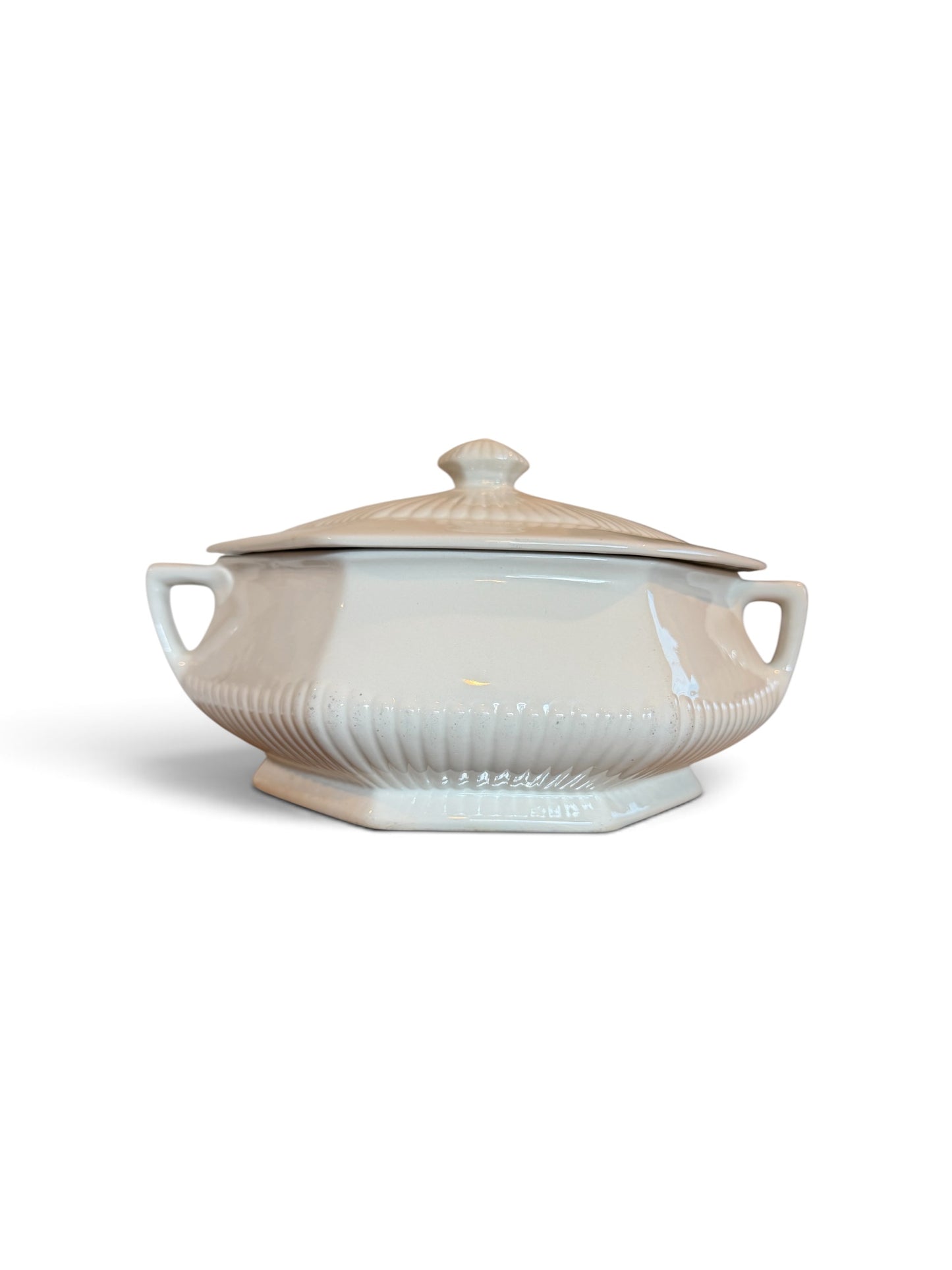Adams Real English Ironstone Vintage Covered Vegetable Tureen – Cream White Ribbed Serving Dish – England