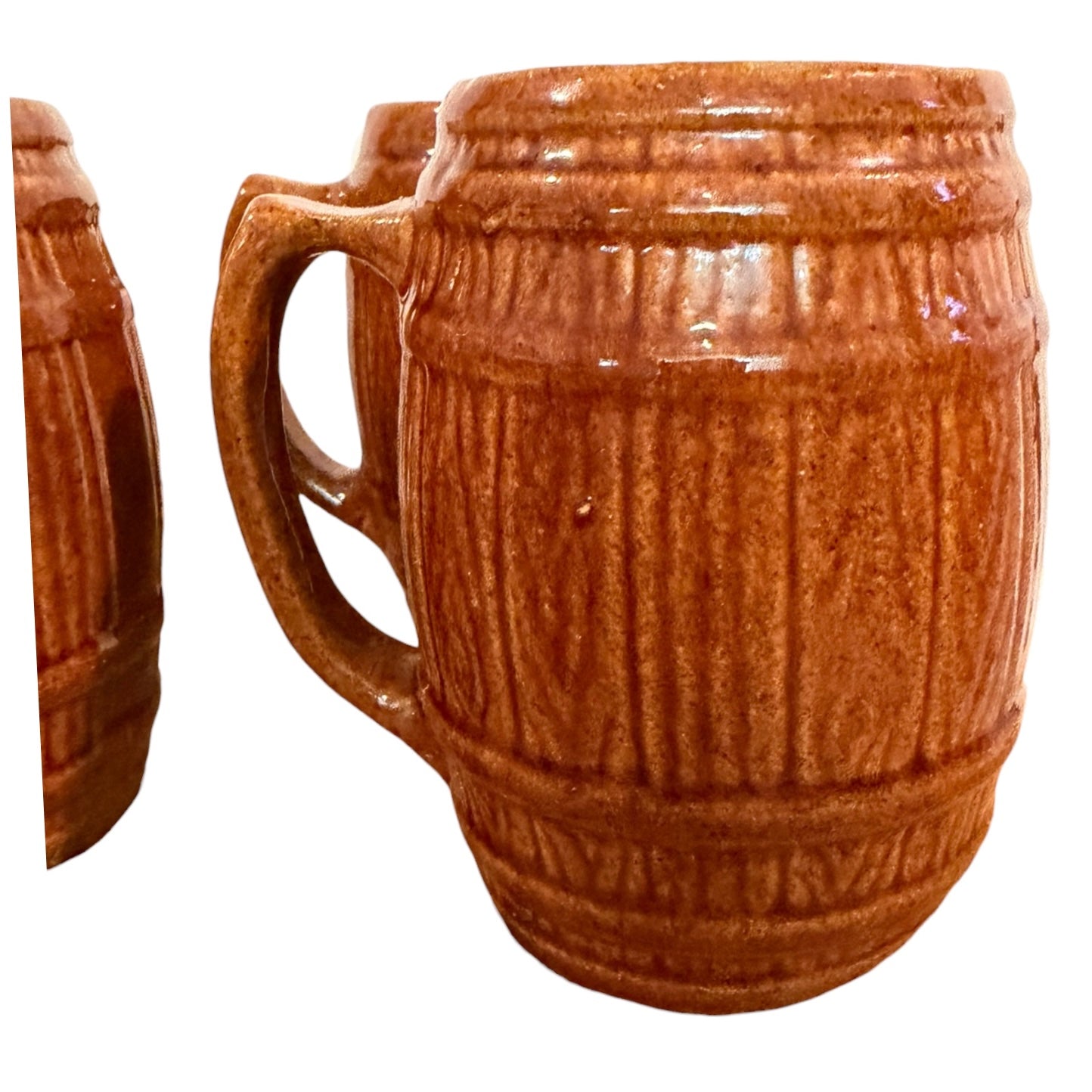Set of 4 Vintage McCoy Pottery Old Oaken Barrel Mugs 397 | Faux Bois Brown Stoneware Beer Steins