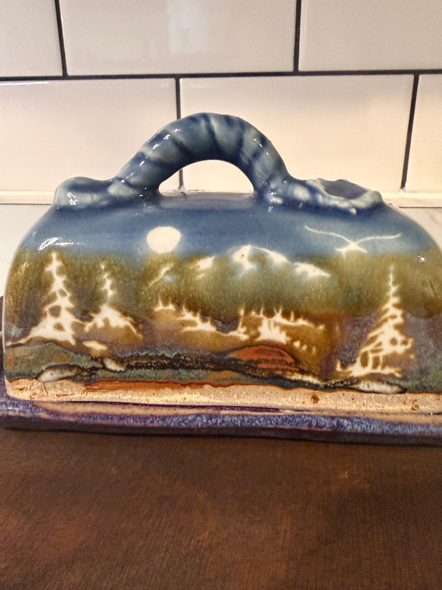 Handmade Ceramic Covered Butter Dish – Mountain/Taos Style Scenic Glaze