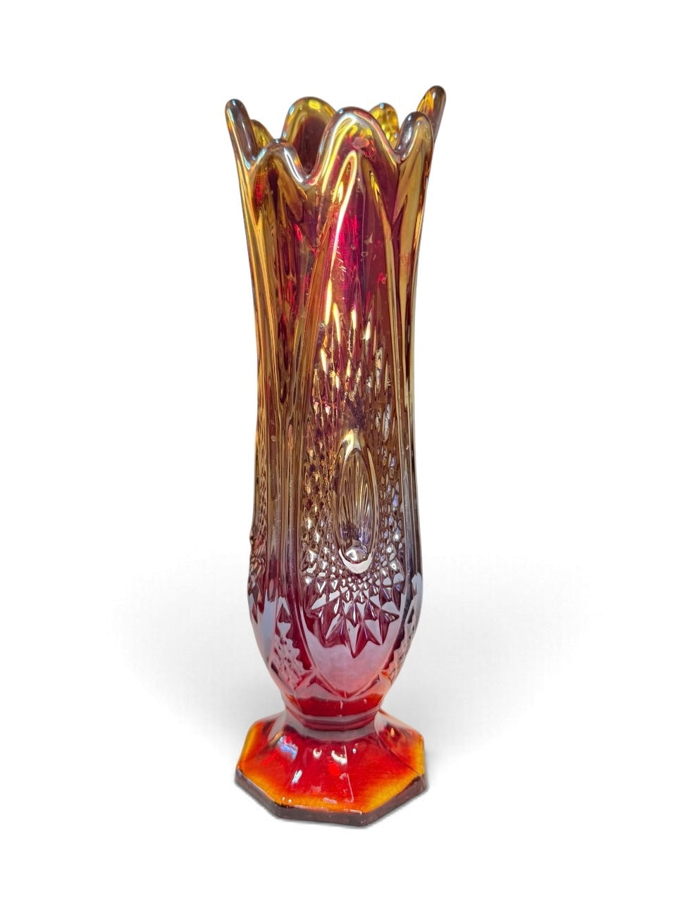 Indiana Glass Vintage Sunburst Amberina Swung Vase – 11” Red & Amber Glass