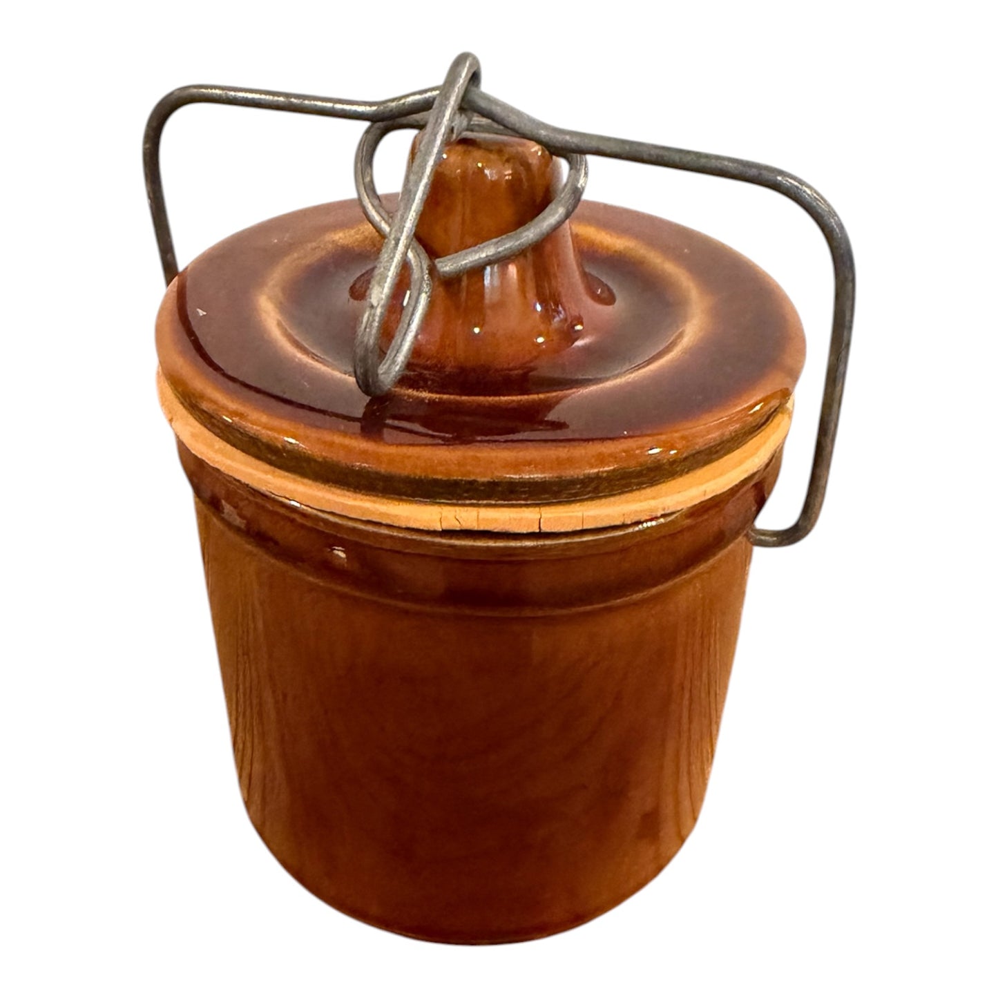 Brown Vintage Stoneware Cheese or Butter Crock with Wire Bail Lid